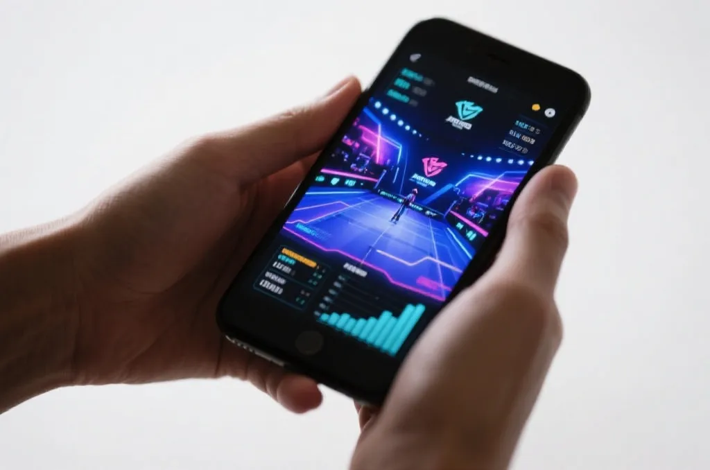 Close-up of a modern smartphone held in hands, displaying a vibrant esports live match with sleek futuristic data overlays and graphs