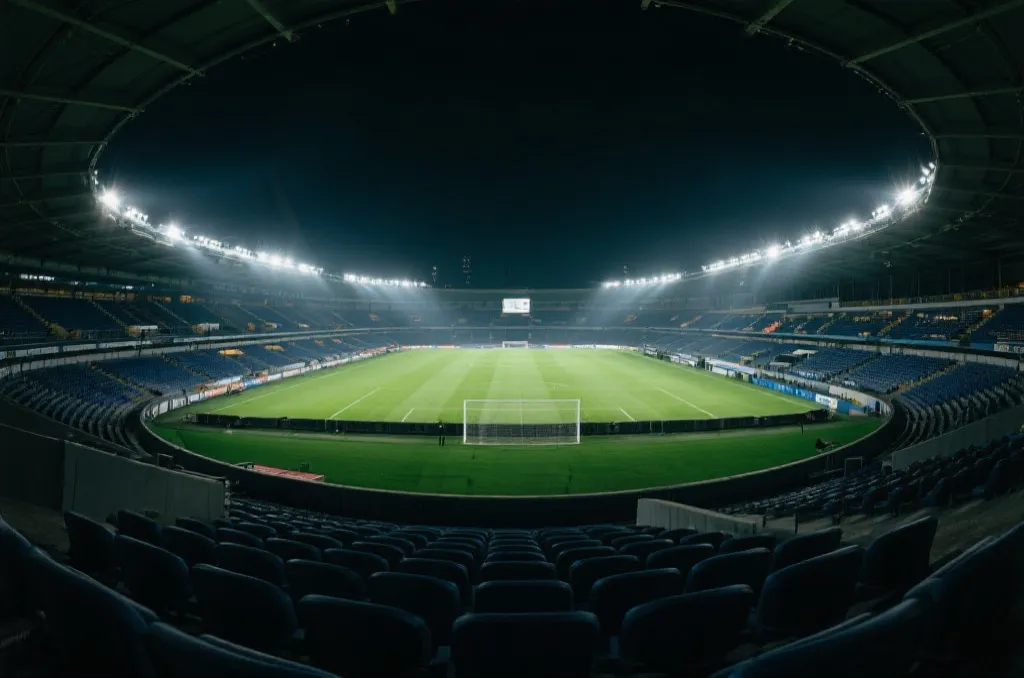 A majestic football stadium glowing under bright floodlights at night