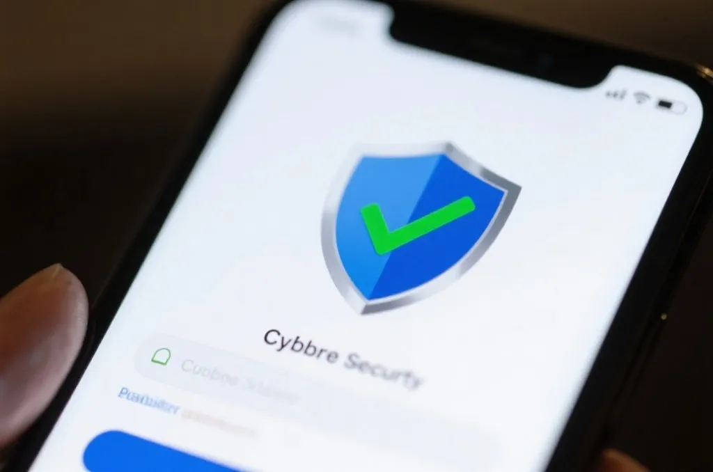 A close-up of a mobile phone screen displaying a secure login interface with a shield icon and green checkmarks, representing cyber security