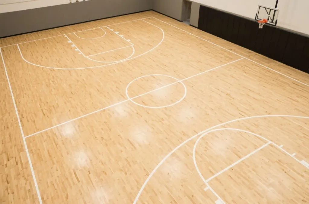 Aerial view of a generic professional indoor basketball court